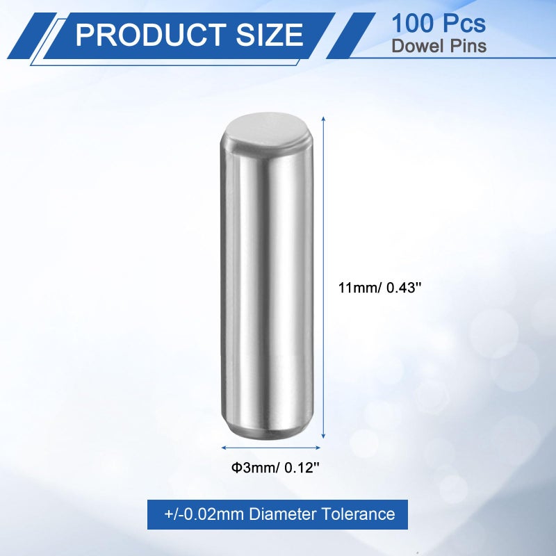 uxcell 100 Pcs 3mm x 11mm Dowel Pins Bearing Steel Cylindrical Dowel Pins Shelf Support Peg Pin Rod Fasten Elements Metal Shelf Pegs +/-0.02mm Diameter Tolerance, Silver Tone - Image 2